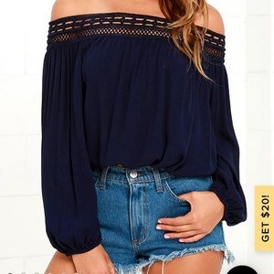 Navy Blue Lace Off-the-Shoulder Crop Top